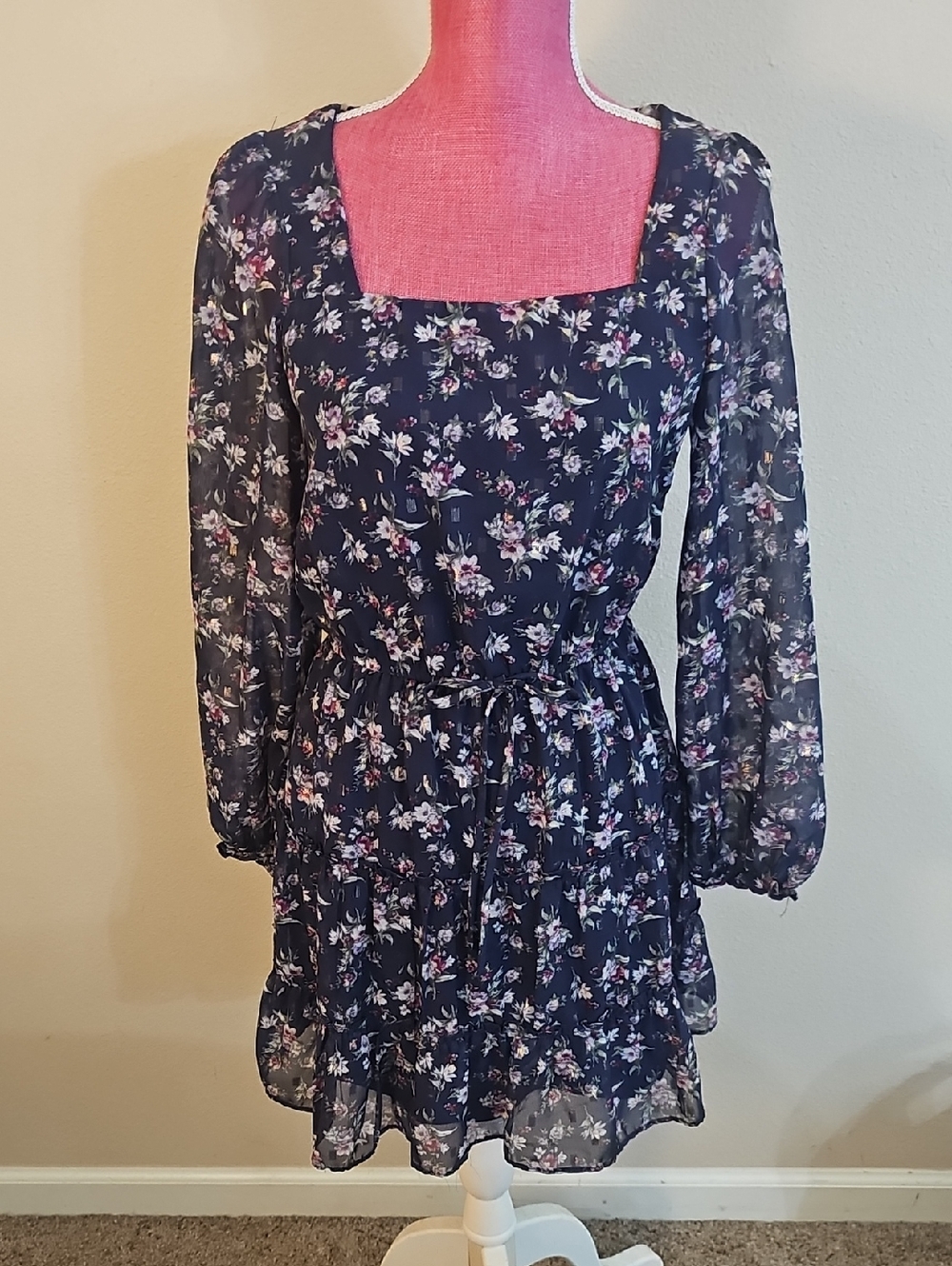 Crystal Doll Navy Floral Square Neck Blouse